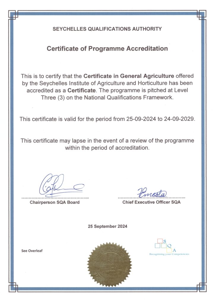 Certificate of Programme Accreditation- Certificate in General Agriculture
