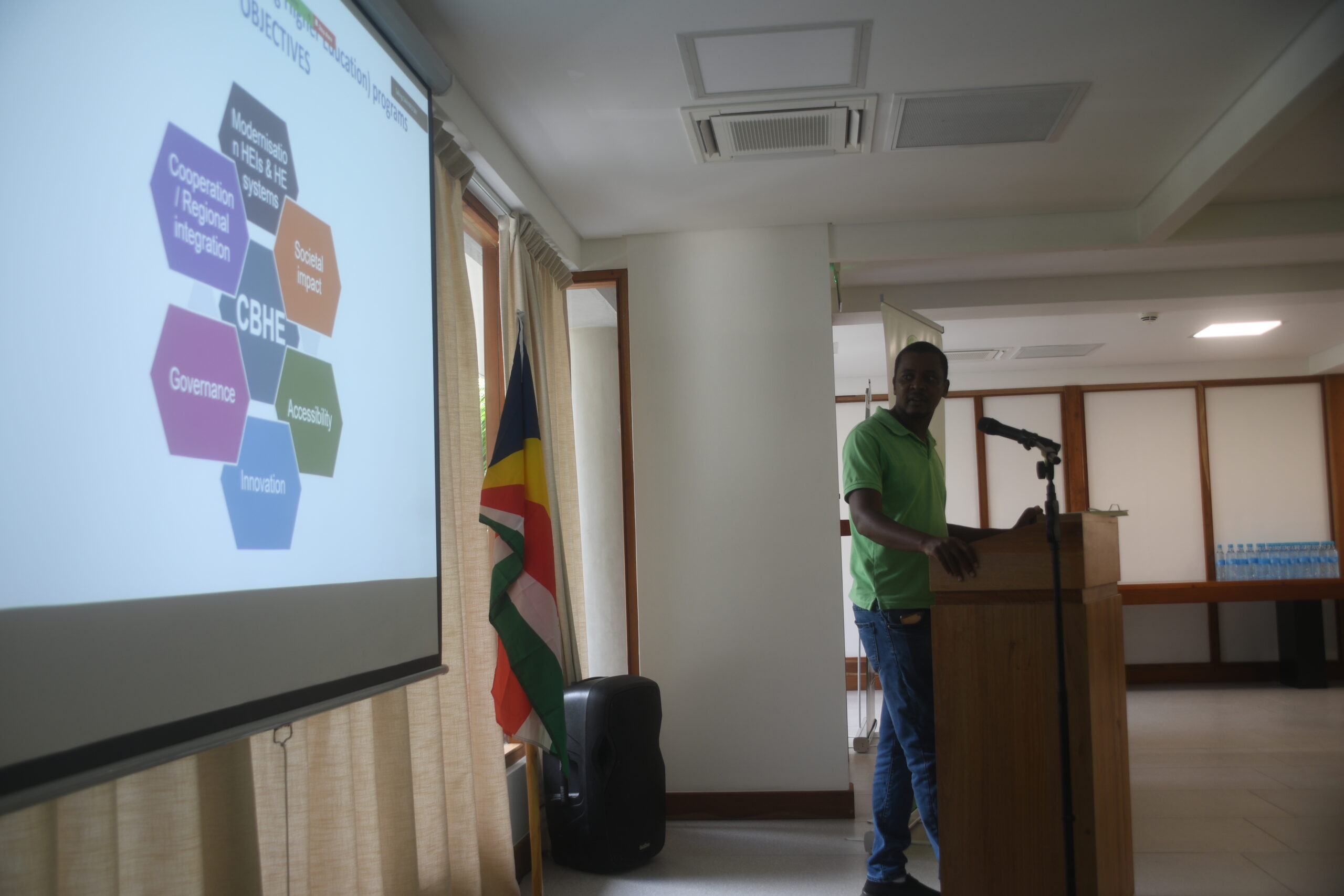 A presenter discussing Erasmus activities during the Info Day